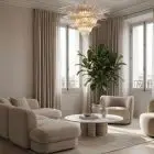 104 transparent palmette Murano chandelier hanging in livingroom