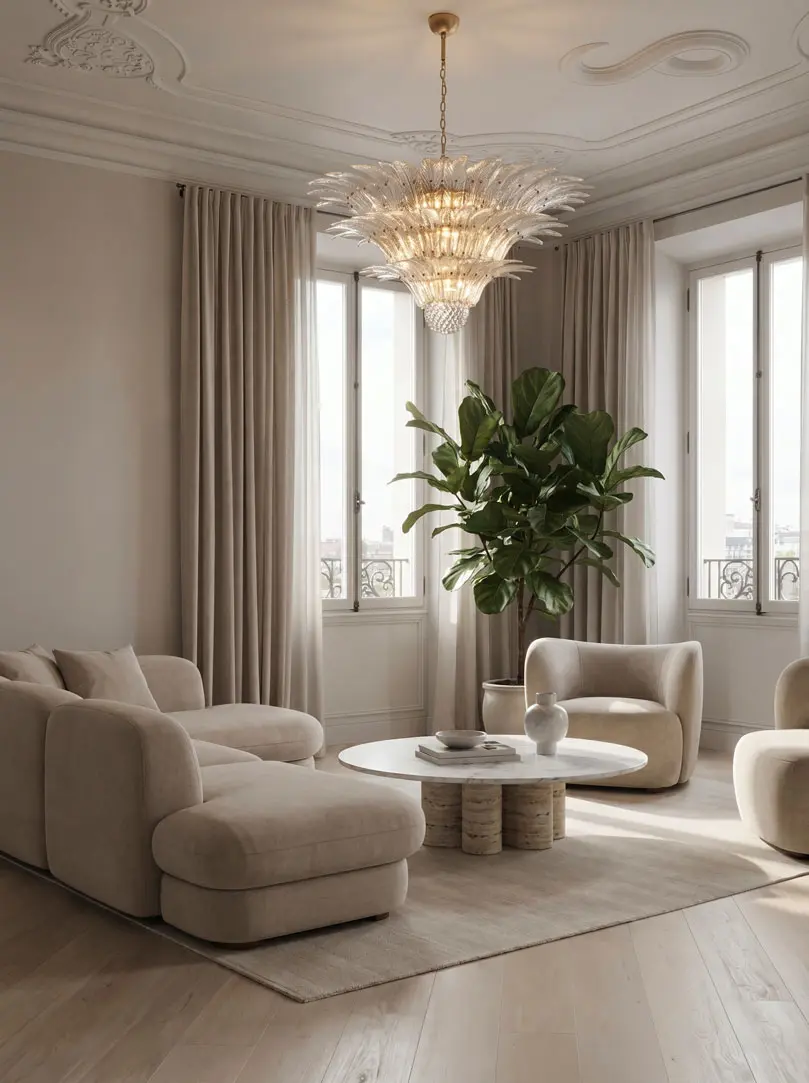104 transparent palmette Murano chandelier hanging in livingroom