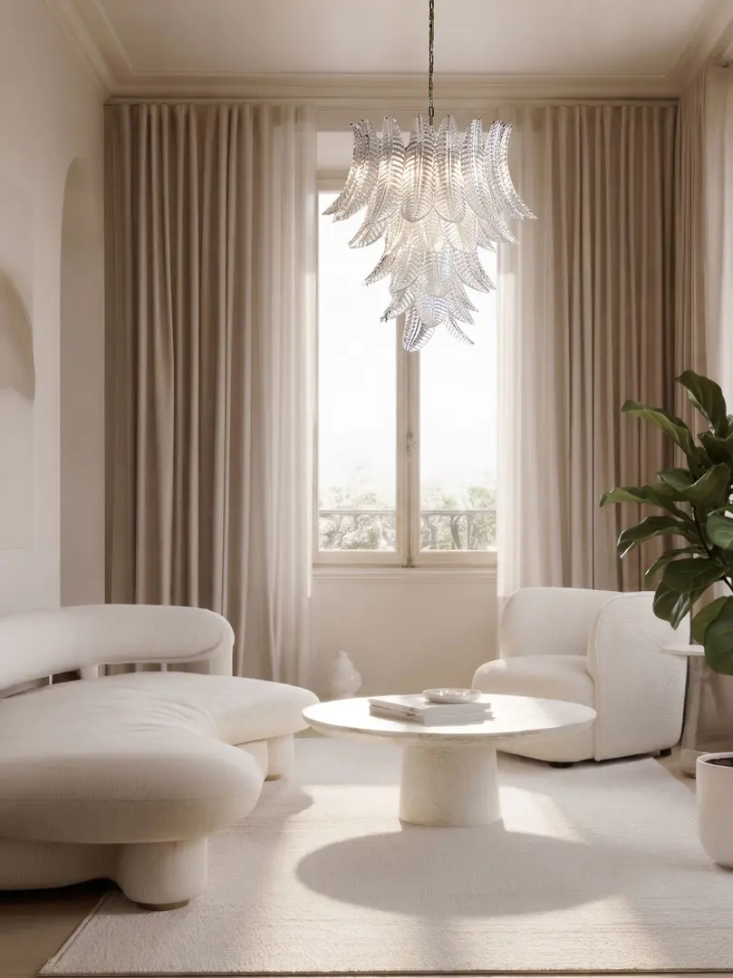 52 felci Murano chandelier hanging in living room