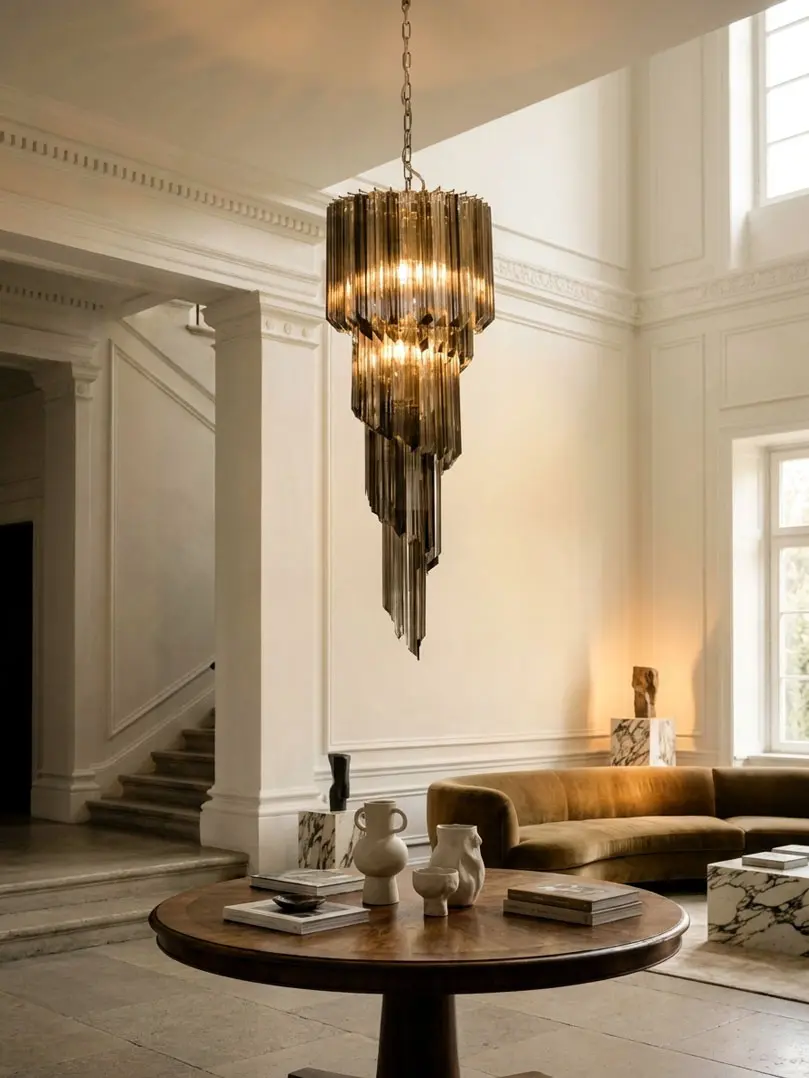86 quadriedri prism Murano chandelier hanging in a hotel lobby