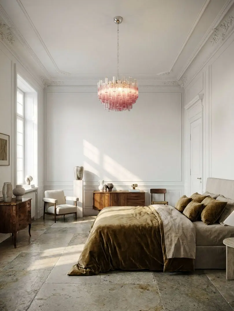 107 amathyst Murano chandelier hanging in a bedroom