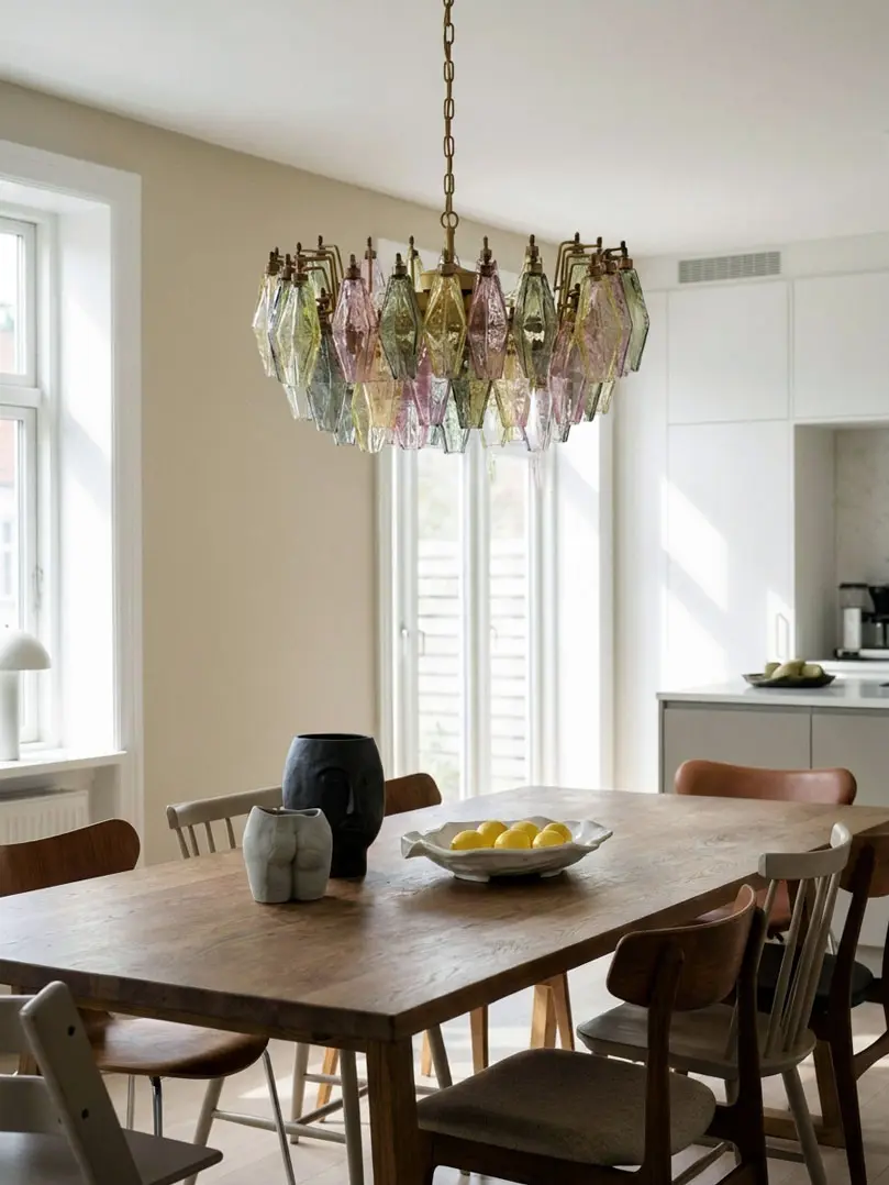 56 multi poliedri Murano chandelier hanging in a kitchen