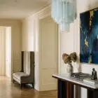 30 opal Murano glass tube chandelier hanging in a hall