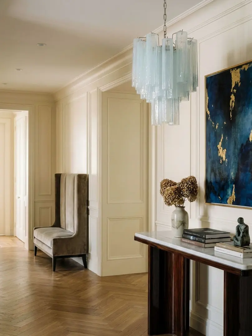 30 opal Murano glass tube chandelier hanging in a hall