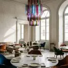 242 Murano glass prism chandelier hanging in a restaurant.