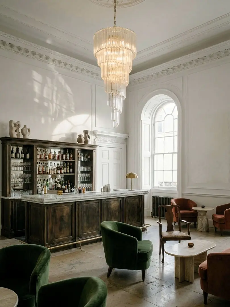 166 transparent spiral prism Murano chandelier hanging in a bar