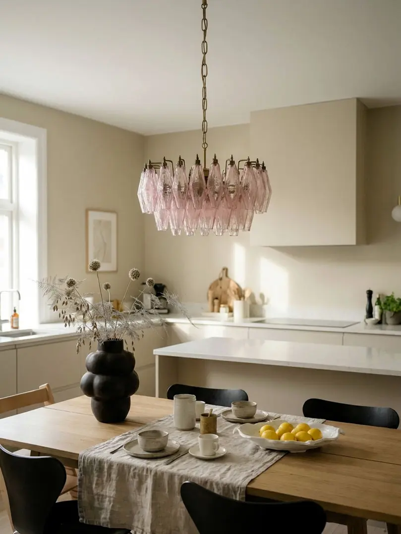 56 pink poliedri chandelier hanging in a kitchen