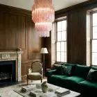 242 pink triedri Murano glass prism chandelier hanging in a livingroom