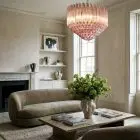 163 pink Murano glass prism chandelier hanging in a livingroom