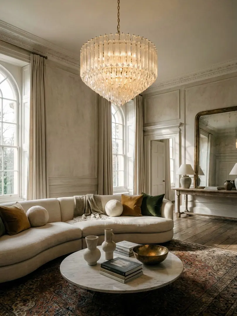 265 transparent prism Murano chandelier hanging in a livingroom