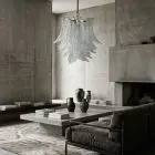 41 transparent felci glass Murano chandelier hanging in a living room