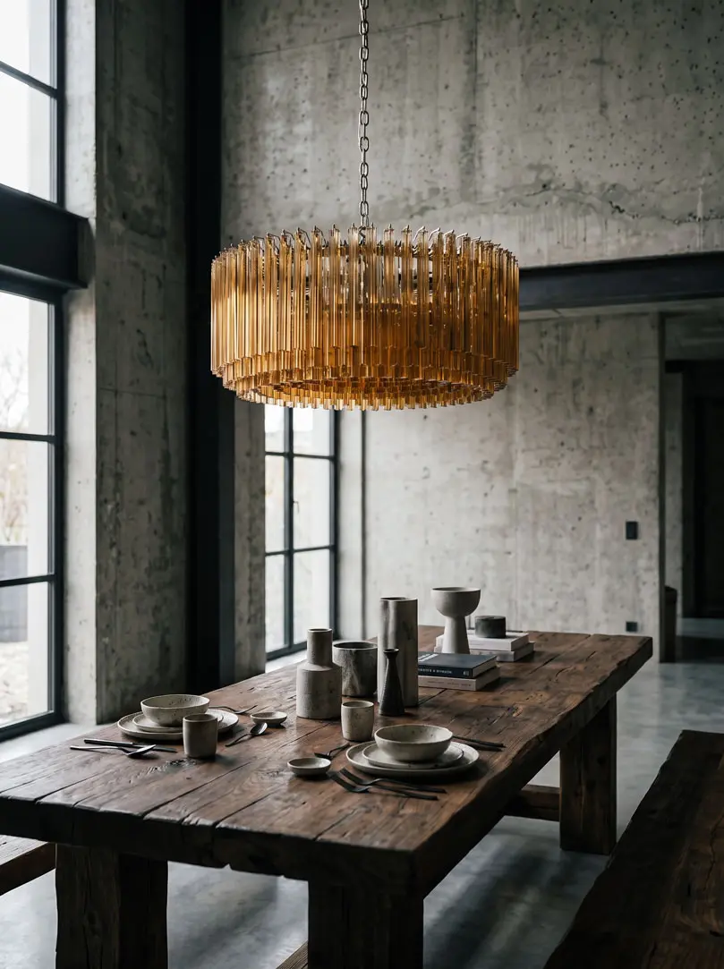 391 triedri amber prisms chandlier hanging in diningroom