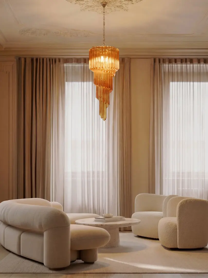 86 amber spiral Murano chandelier hanging in livingroom