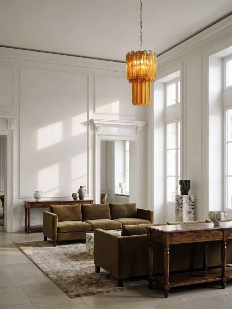 46 amber prism Murano chandelier hanging in hotel lobby