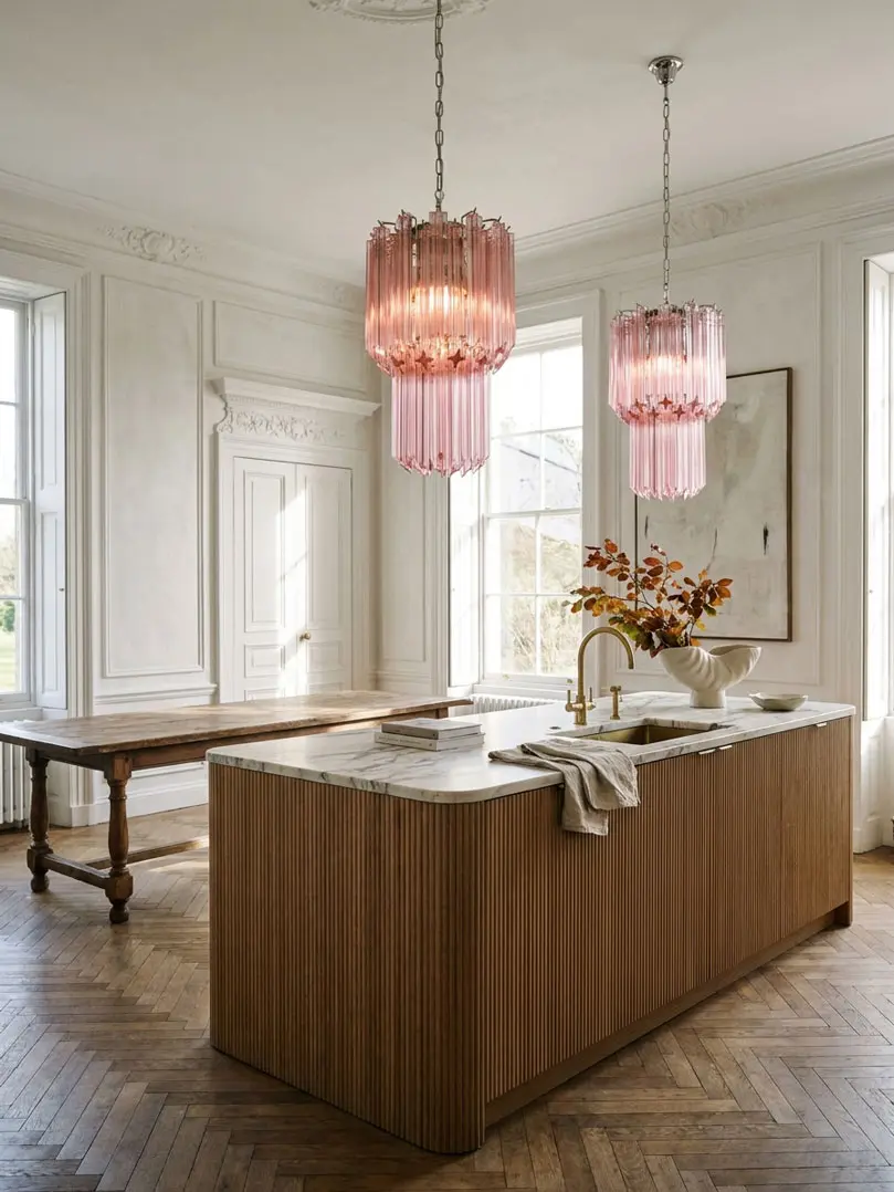46 pink Murano prism hanging in a kitchen