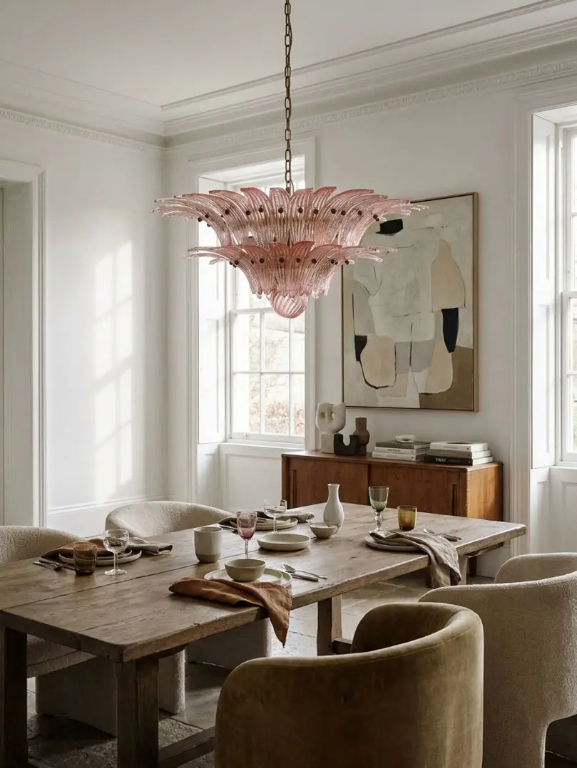 Pink palmette 58 glasses hanging in livingroom
