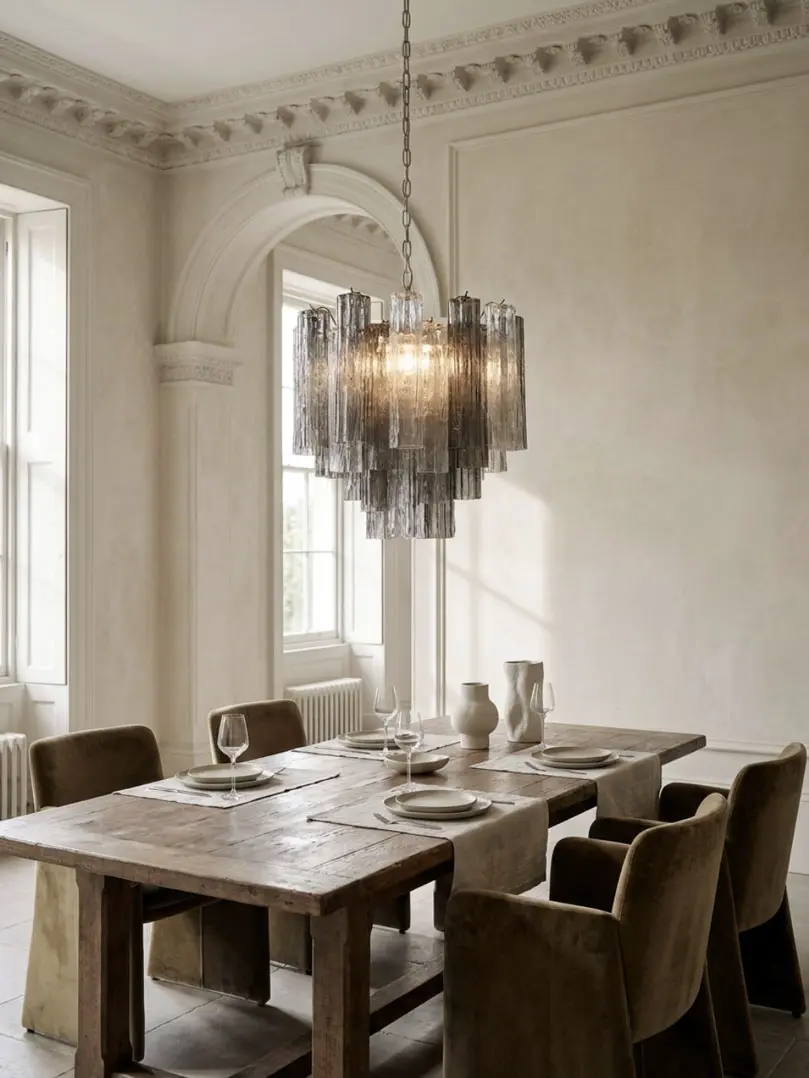 36 Murano tube chandelier hanging in a dining room