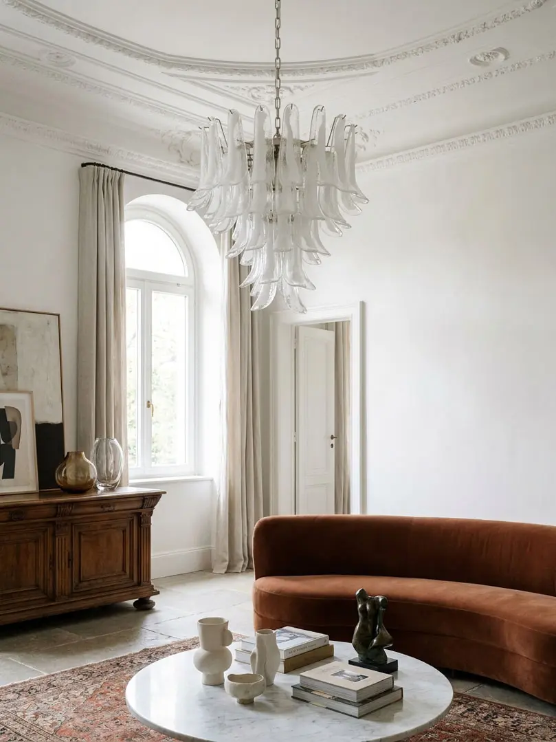 52 petals white lattimo Murano chandelier hanging in livingroom