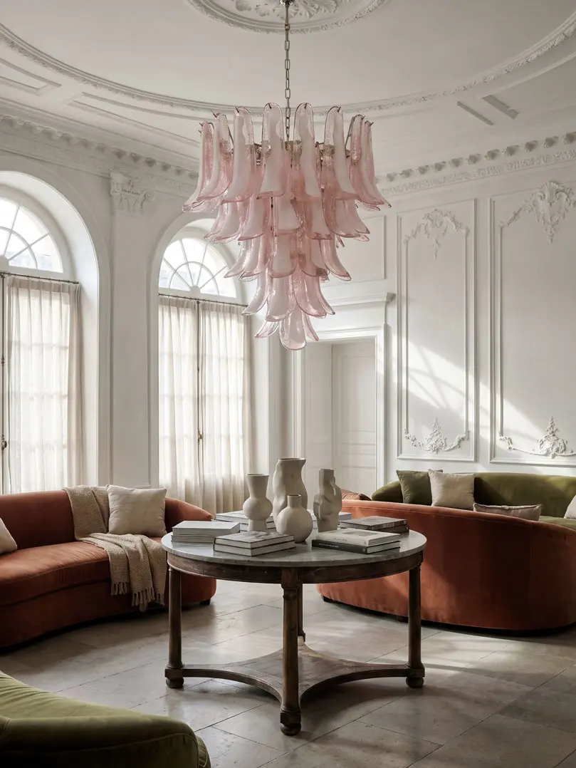 52 pink lattimo Murano petals hanging in a hotel lobby