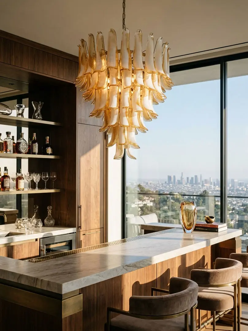 75 petals amber lattimo Murano glasses chandelier hanging in a diningroom