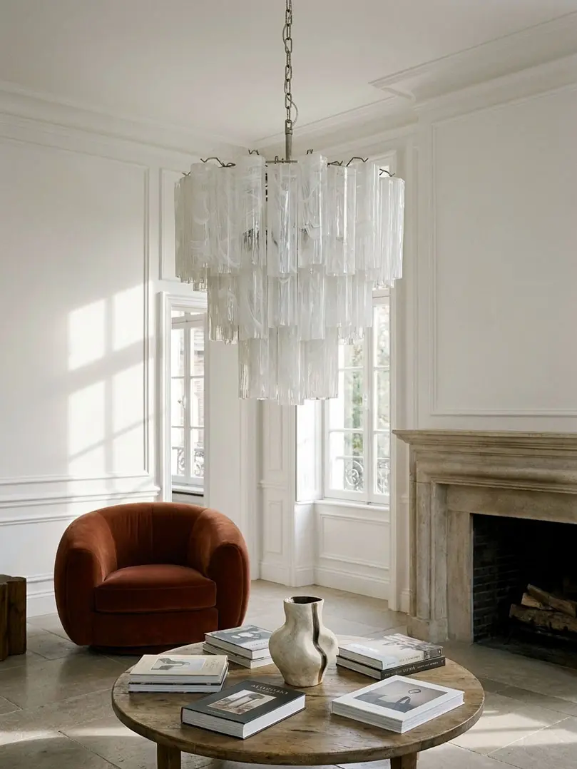 48 white alabaster Murano tube chandelier hanging in a livingroom