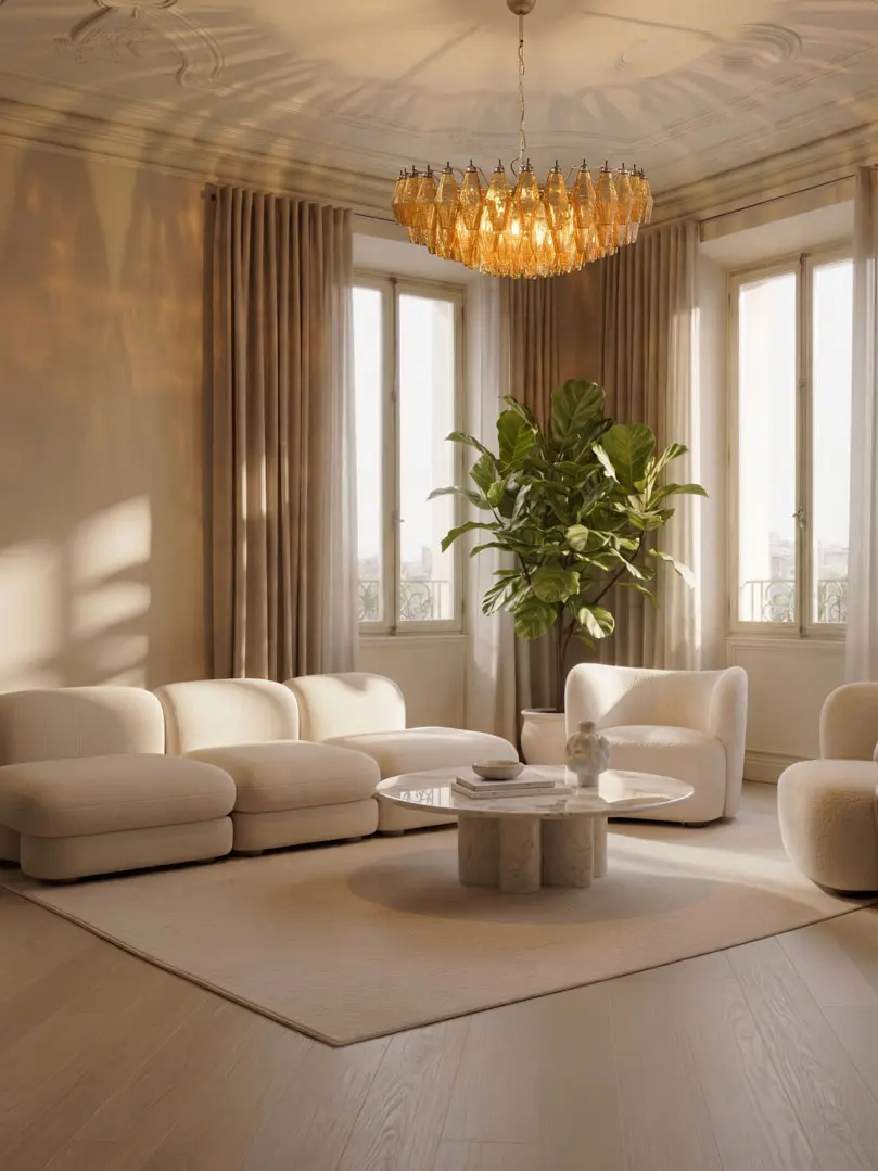 185 amber poliedri Murano chandelier hanging in livingroom