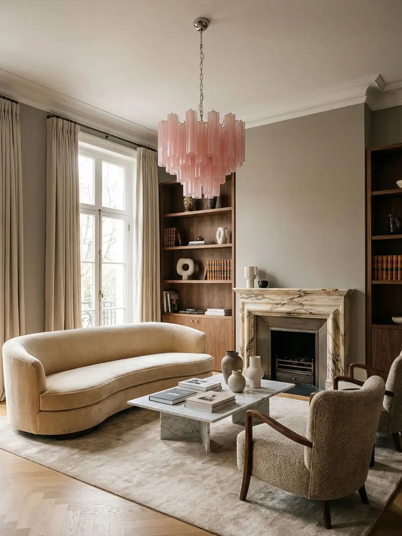 Murano_Glass_Tube_Chandelier___36_pink_matte_glass_tube 36 matte pink Murano glass tube chandelier hanging in a livingroom