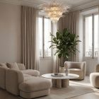 104 transparent palmette Murano chandelier hanging in livingroom
