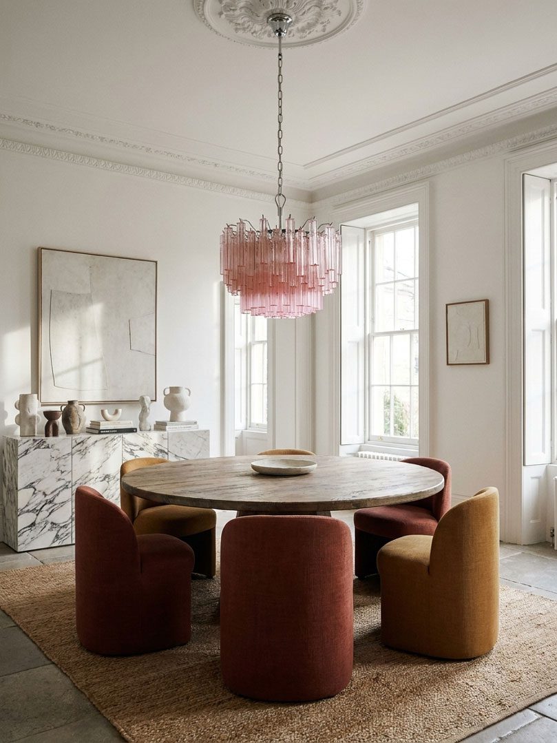 107 pink prisms Murano chandelier in livingroom