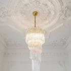 86 transparent spiral murano chandelier hanging in livingroom
