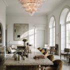 163 pink/transparent Murano palmette glasses chandelier hanging in a bar