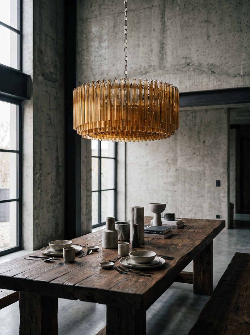 391 triedri amber prisms chandlier hanging in diningroom