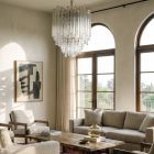 92 transparent triedri prisms chandelier hanging in a livingroom