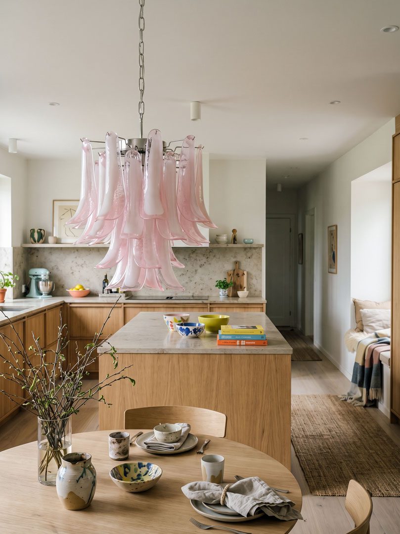 26 pink lattimo Mrano glass chandelier hangin in a kitchen