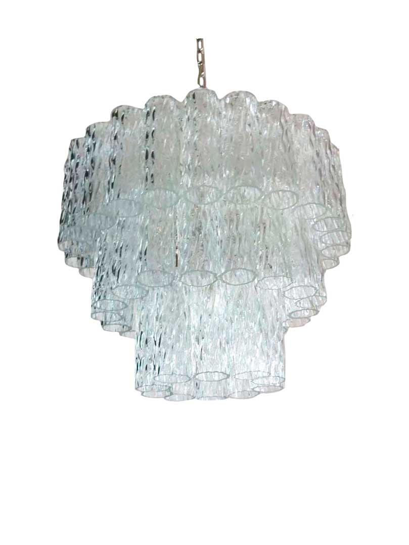 Italian chandelier in Murano glass and nickel-plated metal structure, with 52 large clear glass tubes, with an effect in the glass that creates an 'ice'-like chandelier. The lamp is supplied with chain and ceiling canopy. If you want your lamp frame in gold, just write to us at