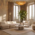 185 amber poliedri Murano chandelier hanging in livingroom