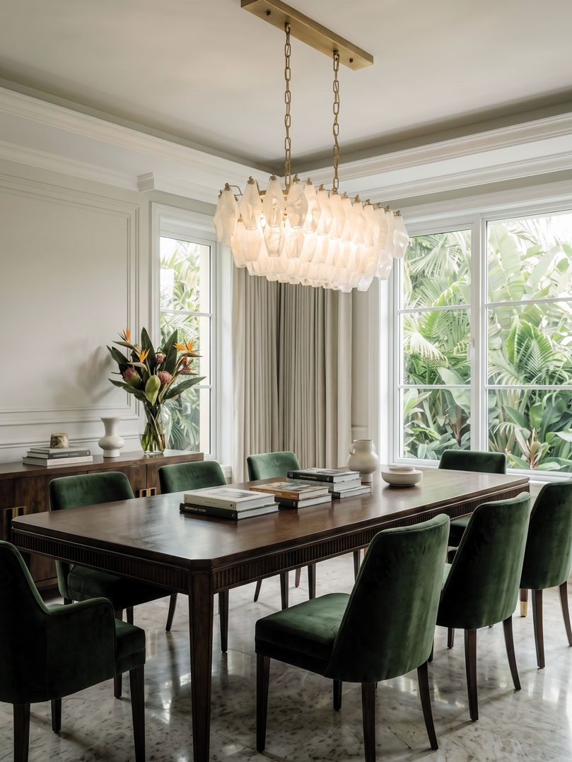 84 white alabaster poliedri hanging in a diningroom