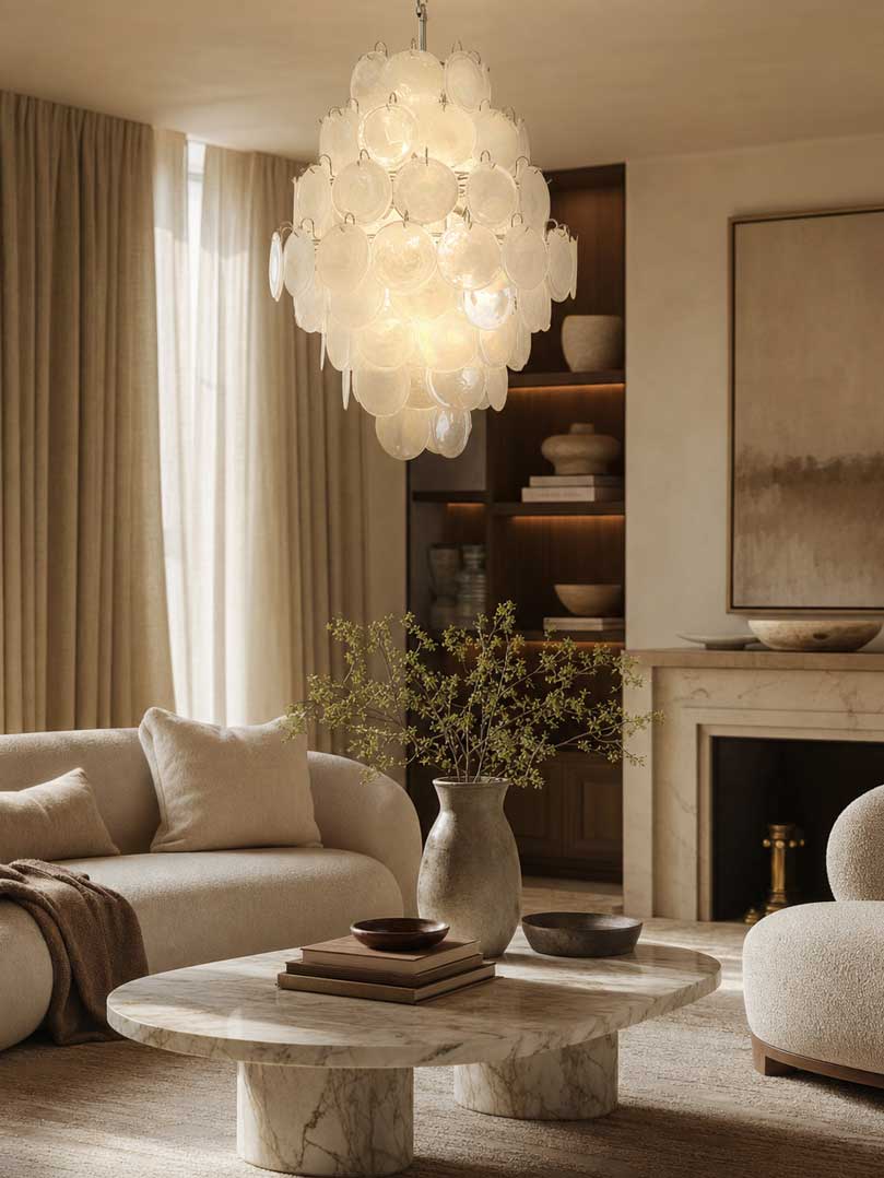murano disc chandelier hanging in livingroom
